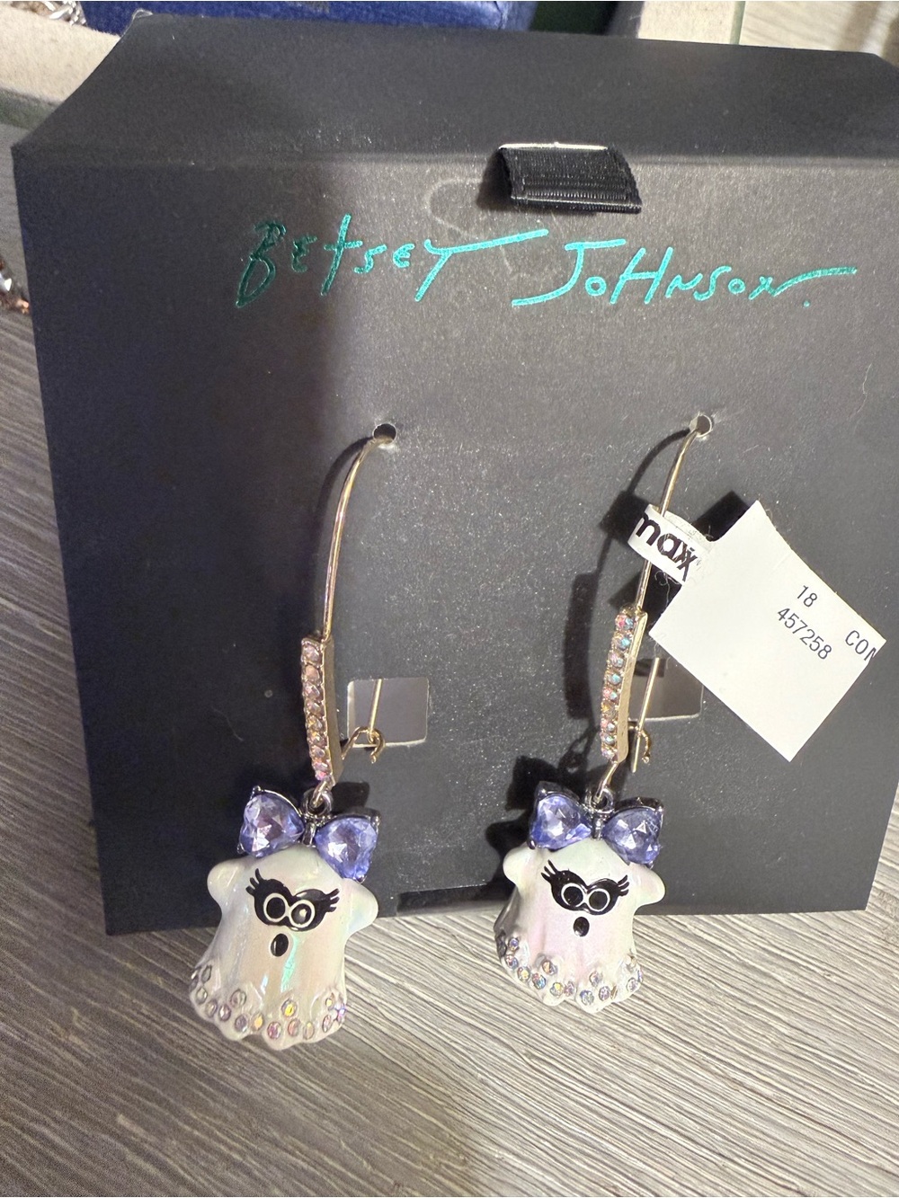 Betsey Johnson Iridescent Ghost Drop Earrings with Purple Bow Accents